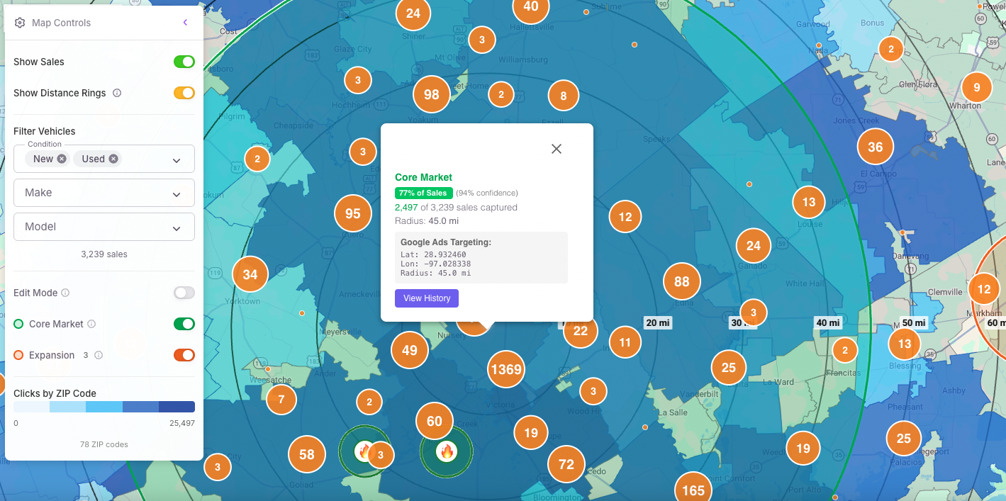 Geo Insights Core Market showing sales distribution and targeting areas
